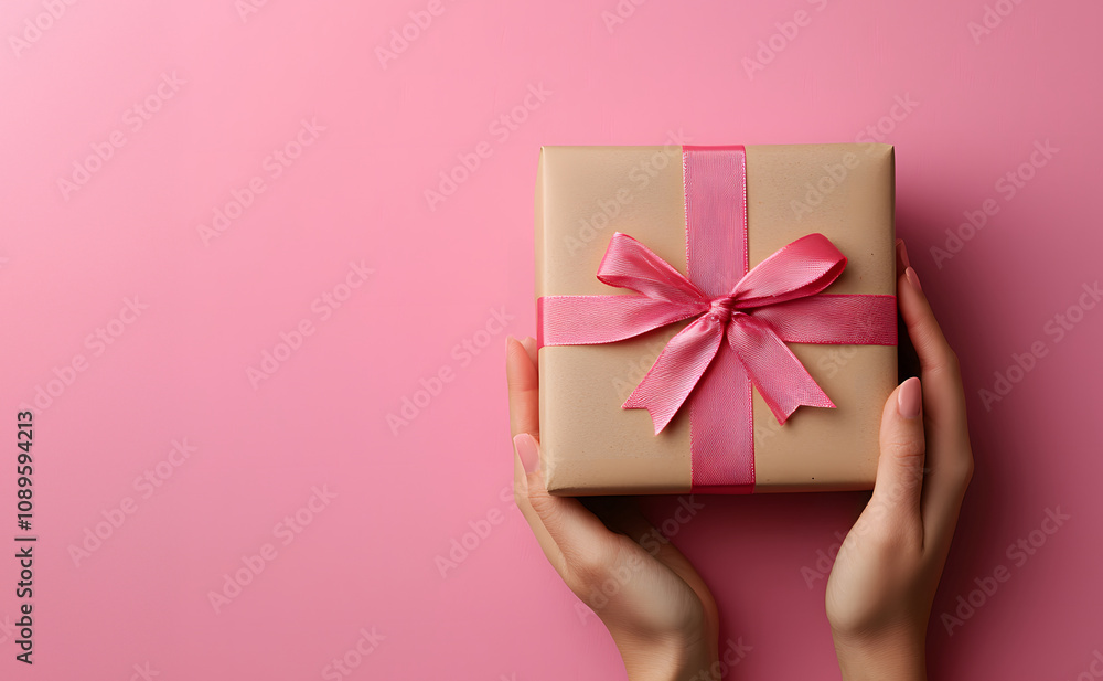 A beautifully wrapped gift held gently on a soft pink background. Generative AI. A beautifully wrapped gift held gently on a soft pink background. Generative AI.