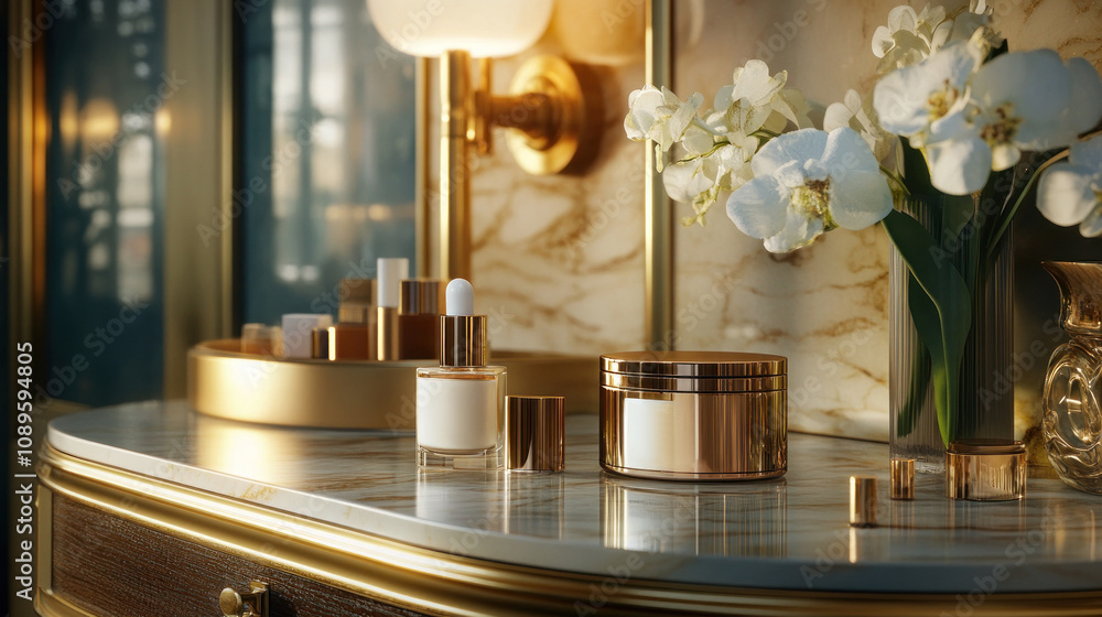 Lavish skincare bottles and jars on ornate vanity.