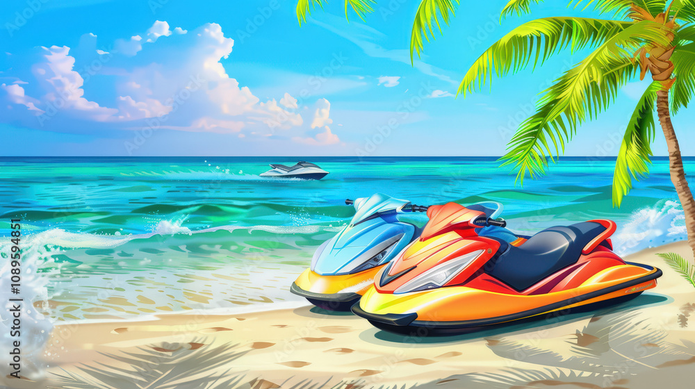 Obraz premium jetski at beach under palm tree