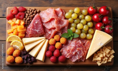 Colorful charcuterie board with fruits and meats