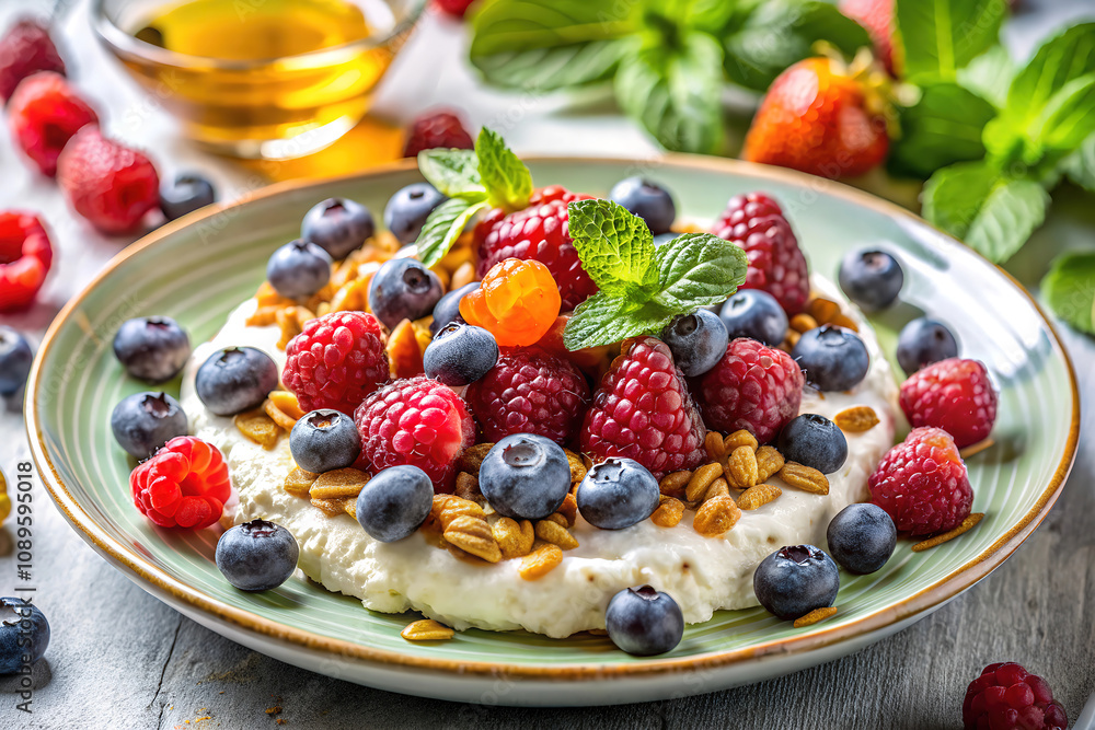 A close-up of a yogurt parfait with raspberries, blueberries, and granola. A close-up of a yogurt parfait with raspberries, blueberries, and granola.