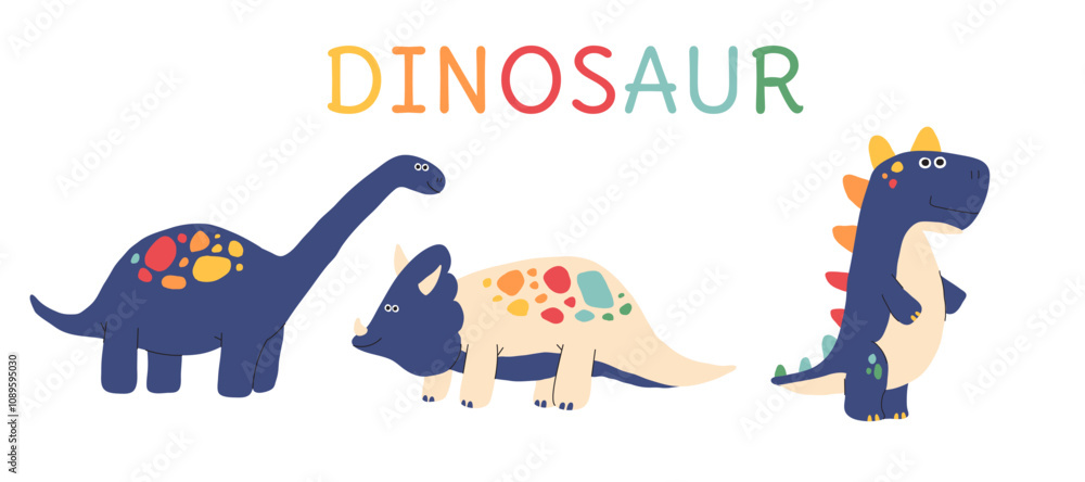 Dino cute vector set. Dinosaurus funny childish animals like pterosaur and stegosaurus, brachiosaurus. Make for t-shirt print or greeting card party design. Flat isolated illustration. Dino cute vector set. Dinosaurus funny childish animals like pterosaur and stegosaurus, brachiosaurus. Make for t-shirt print or greeting card party design. Flat isolated illustration.