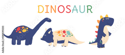 Dino cute vector set. Dinosaurus funny childish animals like pterosaur and stegosaurus, brachiosaurus. Make for t-shirt print or greeting card party design. Flat isolated illustration.
