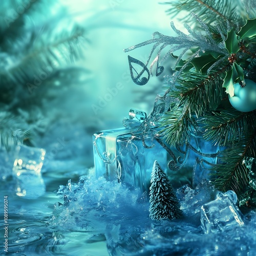 Christmas concept with frozen decorations, concept of greeting card.