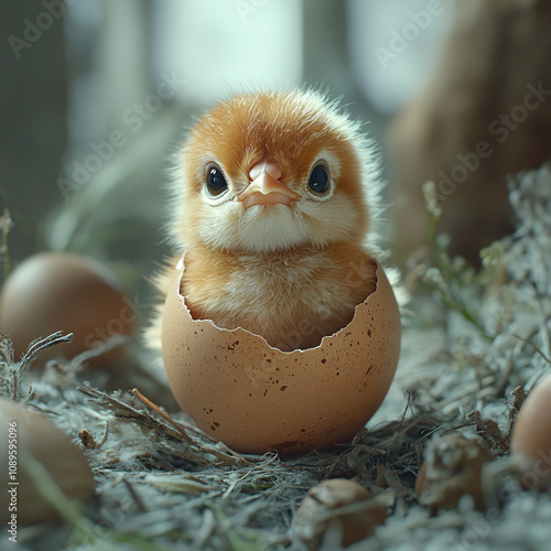 A charming set of close-up photographs showcasing a newly hatched chick emerging from its egg. Perfect for themes of nature, new beginnings, farm life, and Easter celebrations. photo