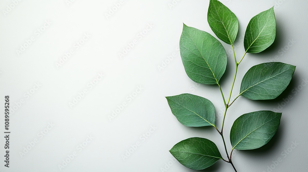 A branch with green leaves against a light background, symbolizing nature and freshness. A branch with green leaves against a light background, symbolizing nature and freshness.