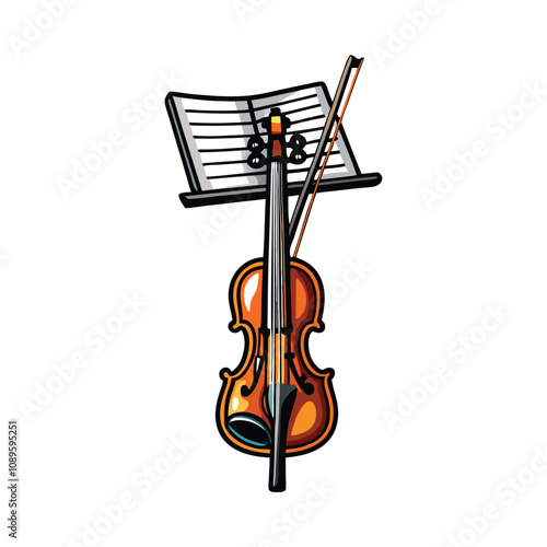 Create an editable stroke vector graphic of a violin elegantly resting against a music stand.  Include detailed string and wood grain texture.