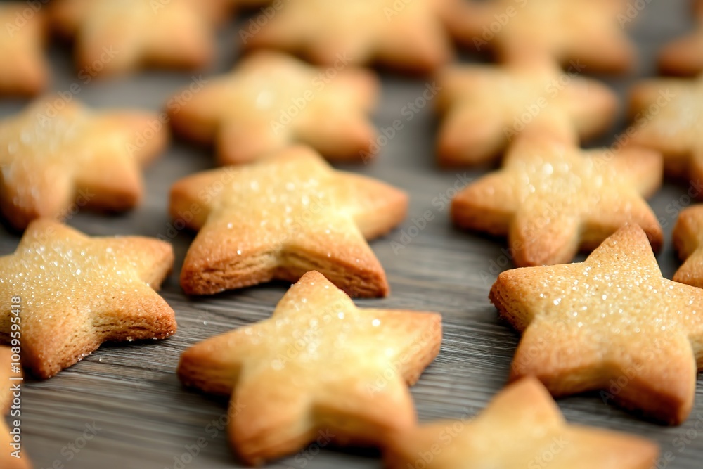Sparkling star-shaped cookies on dark wood surface. Sparkling star-shaped cookies on dark wood surface.