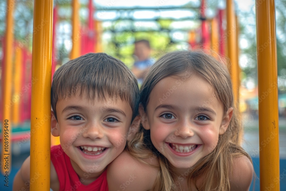 Two kids enjoying themselves in a outdoor playground setting Two kids enjoying themselves in a outdoor playground setting