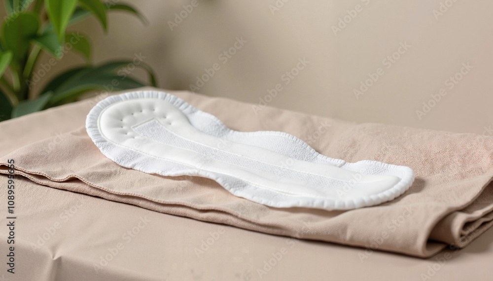 Sanitary pad placed on a soft fabric surface with a plant background for feminine hygiene Sanitary pad placed on a soft fabric surface with a plant background for feminine hygiene