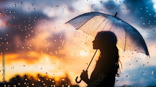 Beautiful silhouette of a woman holding a clear umbrella under raindrops against a colorful sunset sky, capturing the essence of tranquility and reflection in nature's beauty.