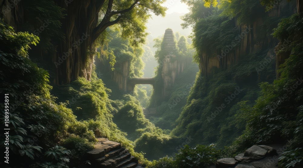 Lush green valley with ancient ruins Lush green valley with ancient ruins