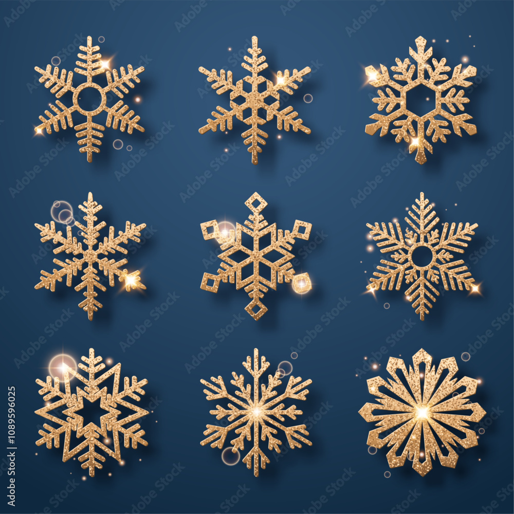 Set of sparkling glitter golden snowflakes on a dark blue background Set of sparkling glitter golden snowflakes on a dark blue background