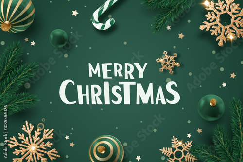 Festive Christmas card with green and gold ornaments, pine branches, snowflakes, and a candy cane on a dark green background