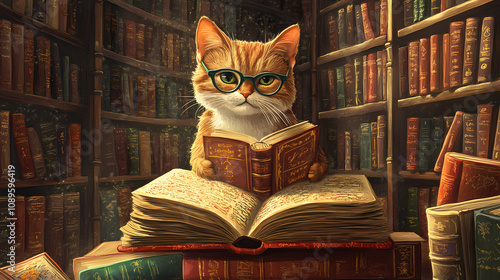 A whimsical feline in spectacles peruses a book amidst a vibrant collection of novels in a charming old library. Enchanted Book Library. Illustration