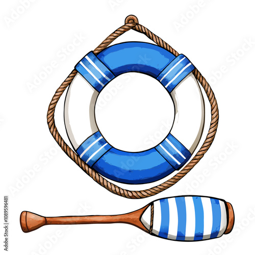 Watercolor blue life buoy and oar vector illustration (6)