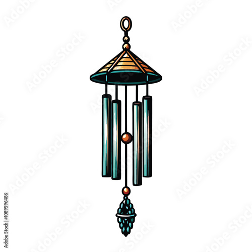 Create a detailed, editable stroke vector graphic of a wind chime hanging from a tree branch, with swaying elements.  Include intricate detail in the chime's design.