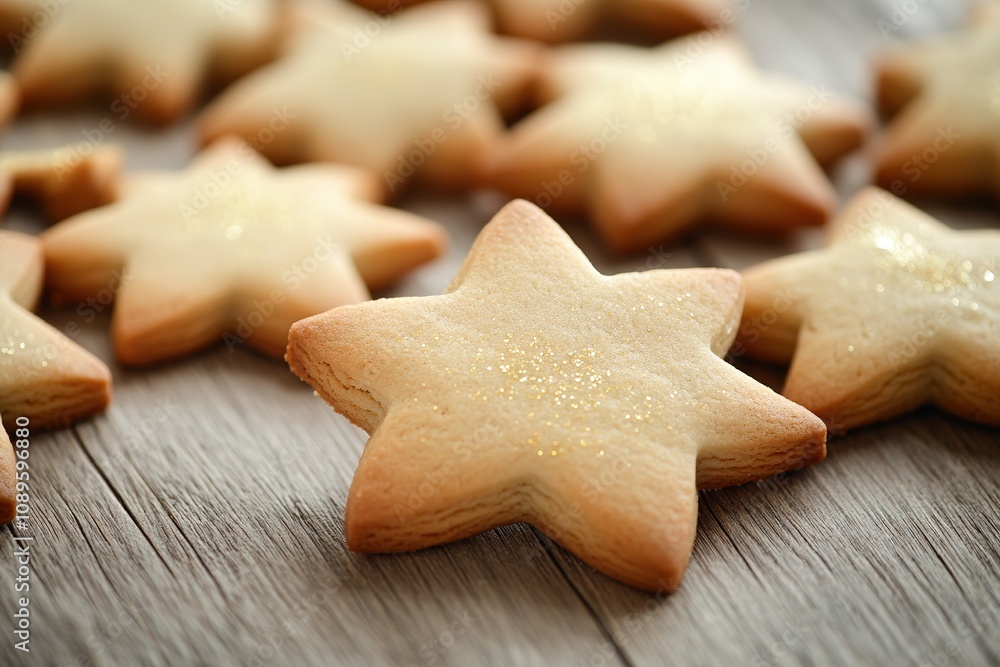 Star-shaped cookies with golden glitter on wooden surface. Star-shaped cookies with golden glitter on wooden surface.