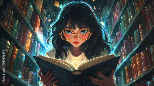 A cute anime girl with large round glasses reading a book in a library filled with colorful shelves. Enchanted Book Library. Illustration photo