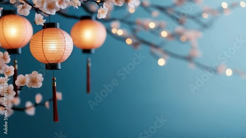 Chinese paper tetin flashlight with a flowering tree branch on a background with copy space. Cherry blossoms. Spring Festival in Asia