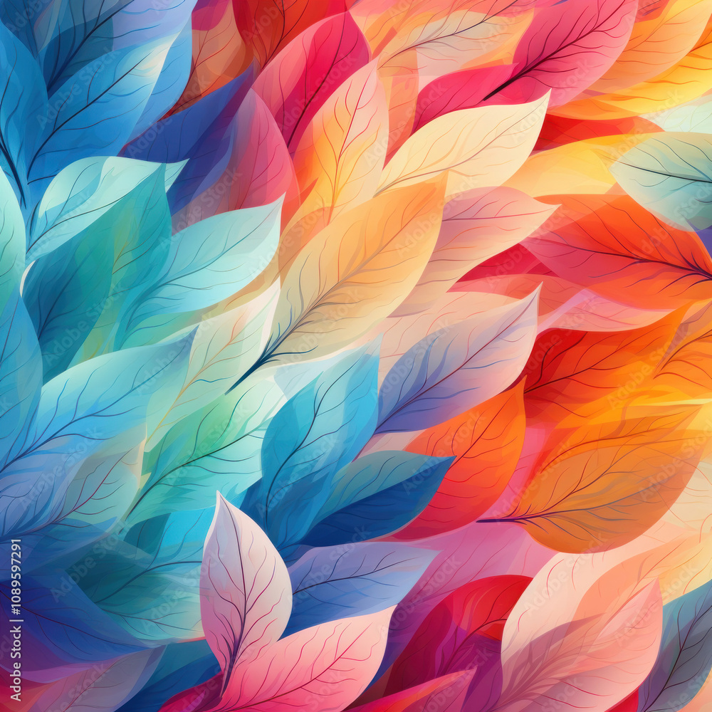 Fototapeta premium An abstract pattern of leaves in bright, saturated colors: blue, orange, pink and red. 