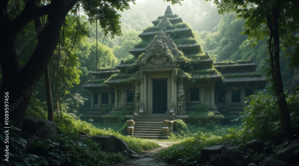 Ancient stone temple surrounded by lush greenery Ancient stone temple surrounded by lush greenery