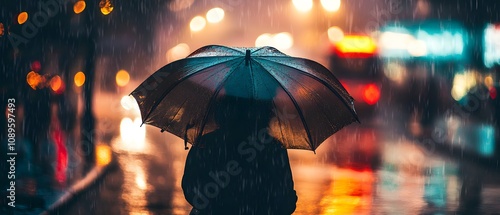 Wallpaper Mural Contemplative Moment Under Rainy Umbrella Amidst Urban Lights and Reflections in the City Streets at Night Torontodigital.ca