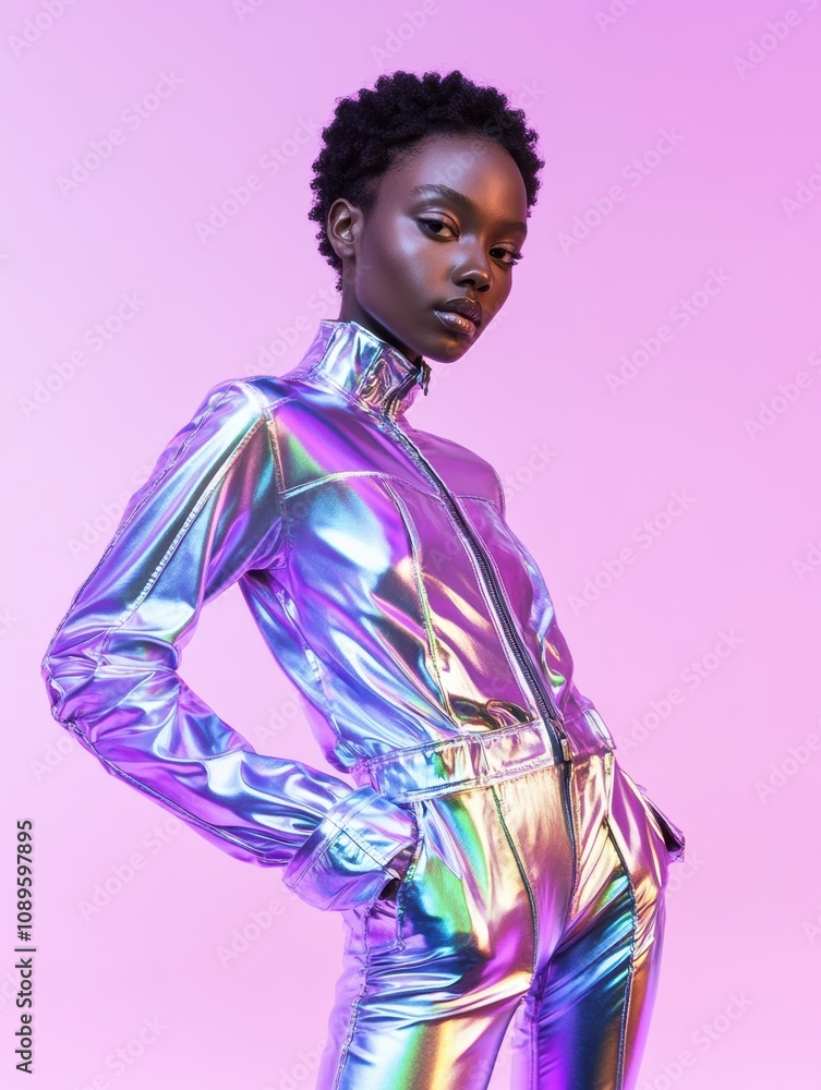 custom made wallpaper toronto digitalWoman in Y3K futuristic fashion, minimalist metallic chrome and silver outfit, glowing accents, model posed elegantly with seamless neutral background, soft studio lighting, sleek and modern aesthetic