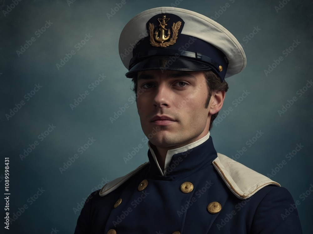 A person dressed in a 19th-century sailor outfit with classic nautical details A person dressed in a 19th-century sailor outfit with classic nautical details