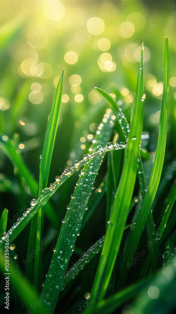 Fototapeta premium In macro nature photography, dew-covered grass blades gleam in the early sunlight. The fresh, green hues and sparkling drops evoke a calming, delicate atmosphere