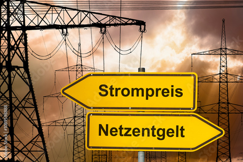 Vor vielen Strommasten mit Hochspannungsleitungen stehen zwei Wegweiser in gegensätzlicher Richtung und sind beschriftet mit Strompreis und Netzentgelt - FOTOMONTAGE photo