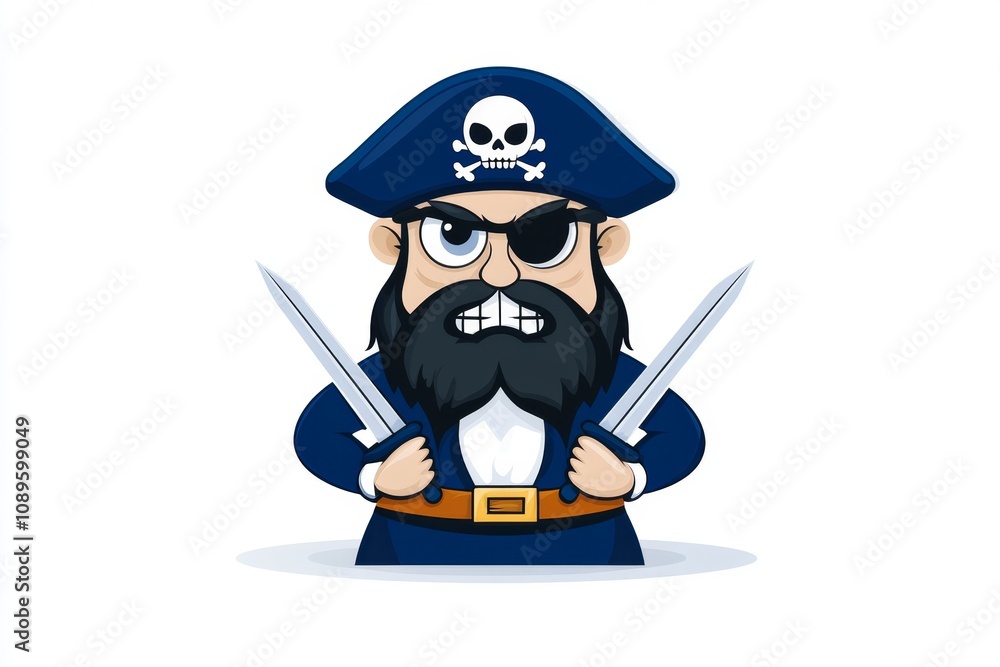 Obraz premium A playful flat 2D illustration of a pirate holding swords akimbo, with bold, simple colors on a white backdrop