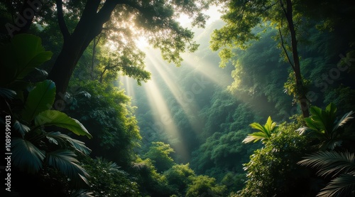 Serene forest with sun rays shining