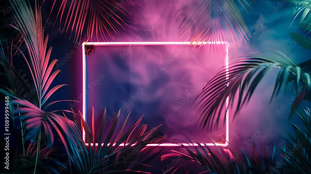 A vibrant neon frame surrounded by tropical plants and mist, creating a striking visual for artistic purposes. A vibrant neon frame surrounded by tropical plants and mist, creating a striking visual for artistic purposes.