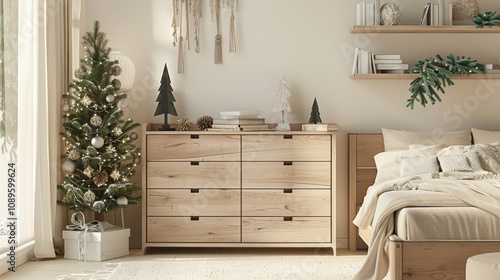 interior of bedroom with christmas tree
