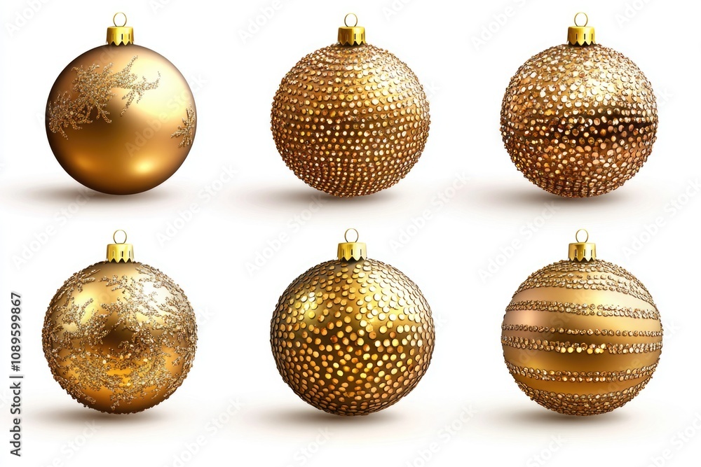 Fototapeta premium Six golden ornaments on a white background, suitable for holiday decorations or winter themed designs