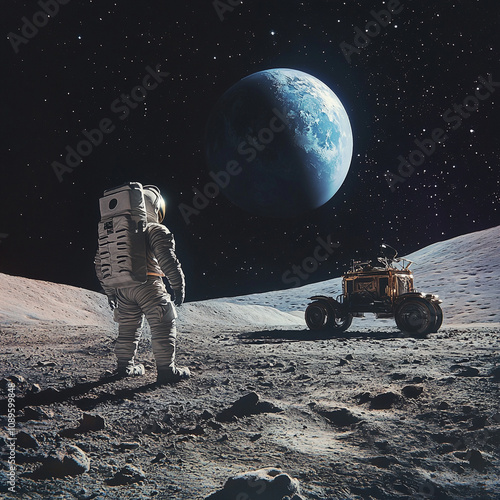 Astronaut explores lunar surface with rover and Earth in background