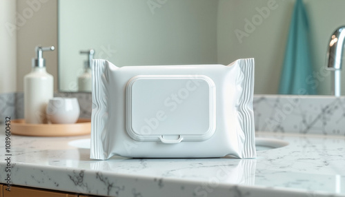 White pack of wet wipes on a marble bathroom countertop with skincare products in the background

