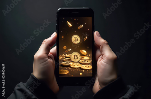 Phone in Hand - Phone Screen with Bitcoins, Coins, Surprise Bonus, Game, Winner, Gaming Addiction, Lottery, Earnings, Money, Luck