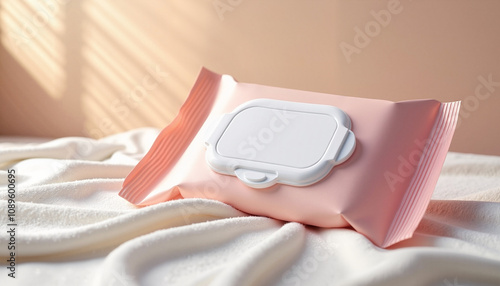 Pack of pink wet wipes on a soft fabric with warm lighting for hygiene and convenience photo