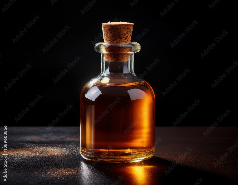 A glass bottle filled with amber-colored liquid and sealed with a cork stopper is dramatically lit against a dark background A glass bottle filled with amber-colored liquid and sealed with a cork stopper is dramatically lit against a dark background