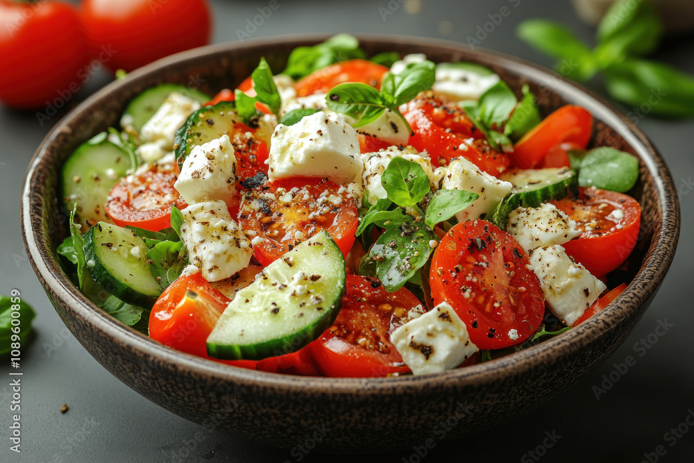 Fresh Greek salad served in a ceramic bowl with juicy tomatoes, cucumbers, basil leaves and pieces of soft feta cheese. Fresh Greek salad served in a ceramic bowl with juicy tomatoes, cucumbers, basil leaves and pieces of soft feta cheese.