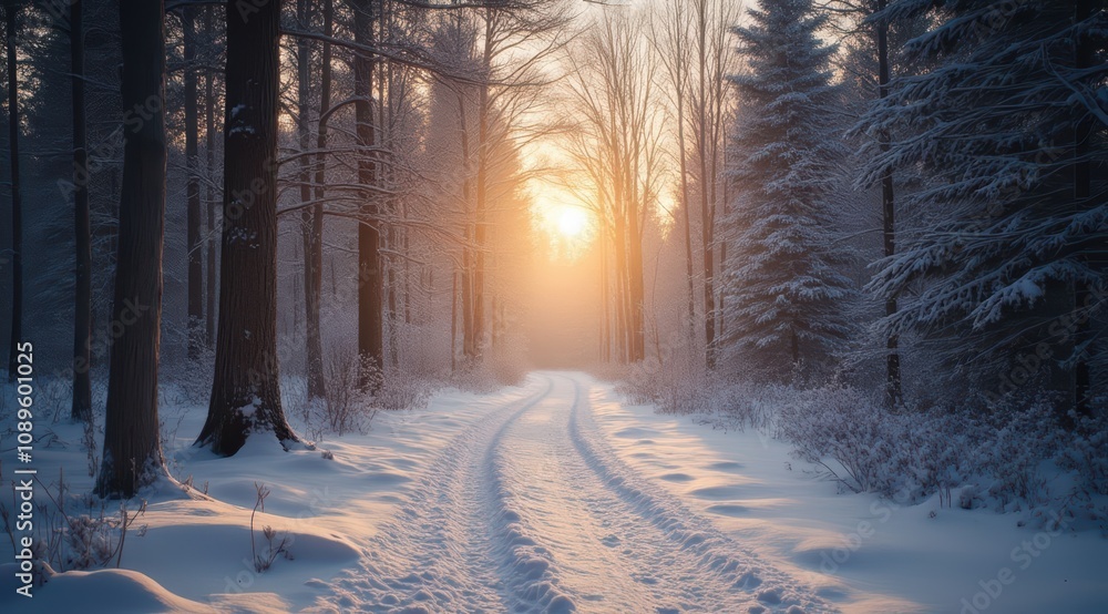 Winter sunrise over a snowy forest path Winter sunrise over a snowy forest path