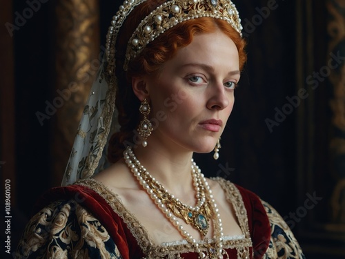 Portrait of a Renaissance Noblewoman in a Richly Embroidered Gown photo