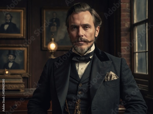 Portrait of a Victorian Gentleman in a Tailored Suit with Intricate Details photo