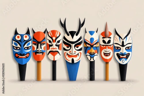 Abstract depiction of Akitaâ€™s Namahage Festival masks in a minimal color palette on a neutral background photo