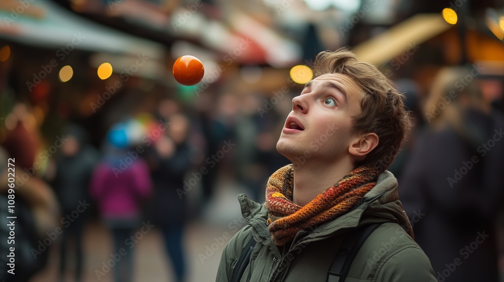 A Man Juggling a Ball in a Busy City Market A Man Juggling a Ball in a Busy City Market