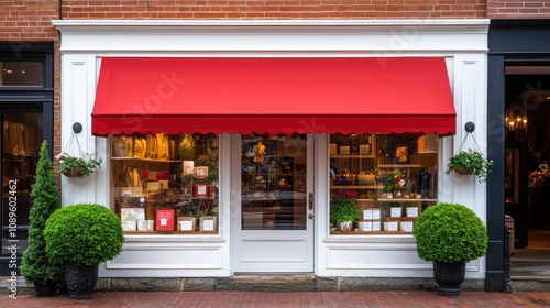 Fototapeta Naklejka Na Ścianę i Meble -  Charming downtown storefront glowing in evening light with inviting red awning and elegant display windows
