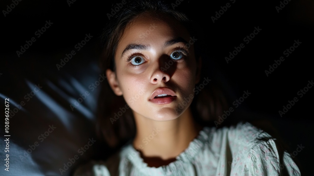 A woman screams in her bed, vividly capturing the intense fear and panic that fill the darkened room around her A woman screams in her bed, vividly capturing the intense fear and panic that fill the darkened room around her