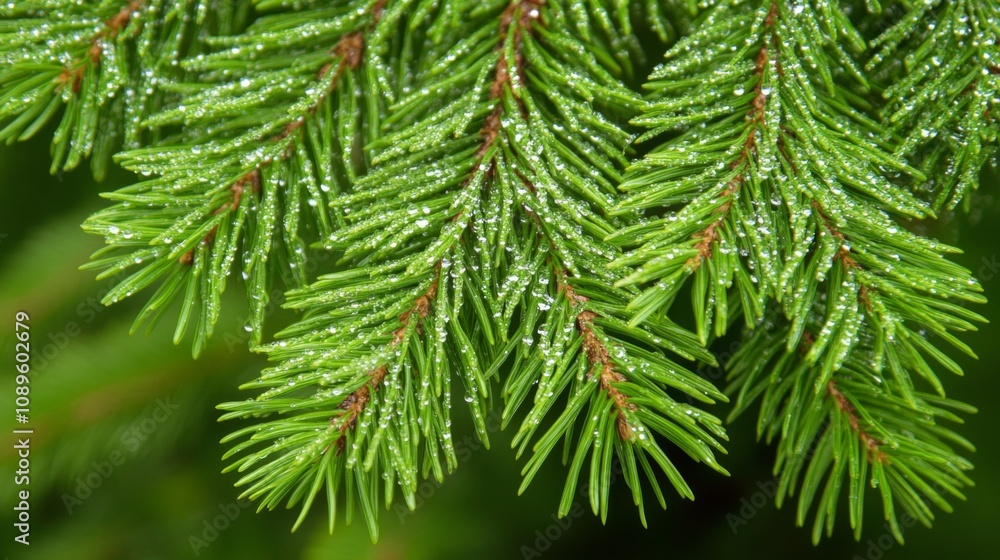 Dew Drops Adorn Lush Green Pine Branch Dew Drops Adorn Lush Green Pine Branch